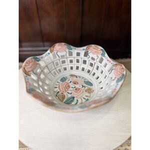 Vintage Porcelain White lattice Bowl Pink Rose Design Handmade in Thailand